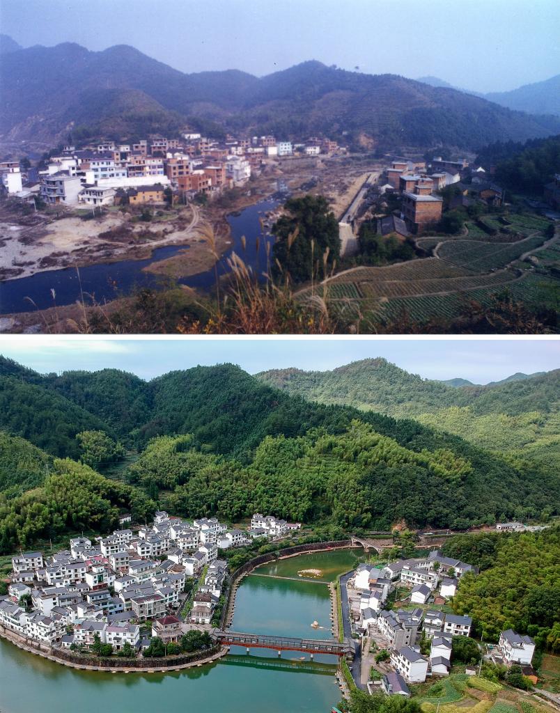 圖為浙江省杭州市淳安縣楓樹嶺鎮(zhèn)下姜村拼版圖，其中上圖為資料照片、下圖由新華社記者張鋮攝。